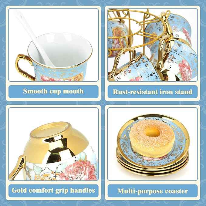 20 Pcs Porcelain Tea Set with Metal Holder, Adult Tea Set Gift, European Ceramic Tea Set for Adults, Flower Tea Cup Saucer Set for Party With Gold Flower Painting (Serene Blue)
