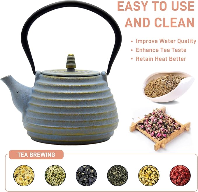 33.8oz Japanese Cast Iron Teapot for Stovetop, Small Tea Kettle with Stainless Steel Infuser for Loose Tea, Tea Pot Coated with Enameled Interior (1000ml)