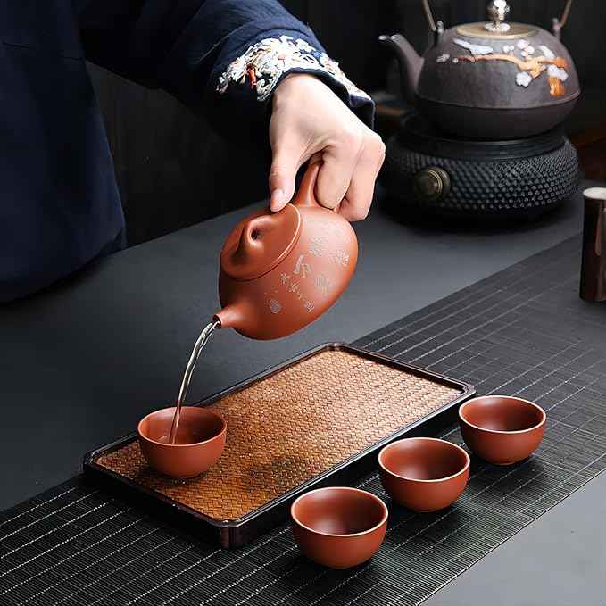 Zisha Teapot Teacup Set, 6 oz Chinese Yixing Purple Clay Tea Pot with 4 Clay Tea Cups, Hand-carved Chinese Characters Kung Fu Infuser Tea Kettle for Loose Leaf Portable Travel Tea Sets