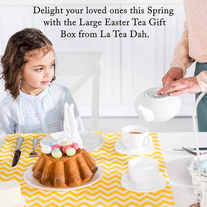 Easter Tea Gift Basket by La Tea Dah, Five Tins of Premium Tea & Two Honey Stirrers In a Festive Easter Basket, Hibiscus, Vanilla, Chamomile, Orange Almond, & Earl Grey Tea, Easter Gifts for Adults