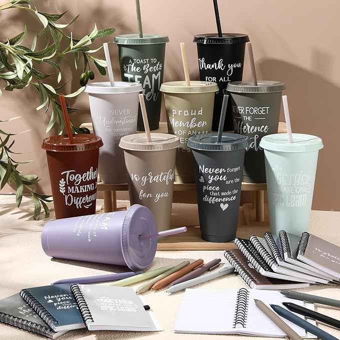 Shellwei 60 Pcs Employee Appreciation Gifts Bulk 24 oz Thank You Tumbler with Lid and Straw Mini Spiral Notebooks and Pens Appreciation Gifts for Team Employee Coworkers Teacher (Teamwork)