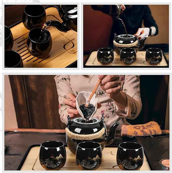 Hushee Japanese Tea Set in Gift Box Asian Porcelain Tea Set with 1 Teapot, 6 Cups, 1 Tray, 1 Stainless Infuser, Black Ceramic Chinese Teapot Valentine Gift for Adult Lover