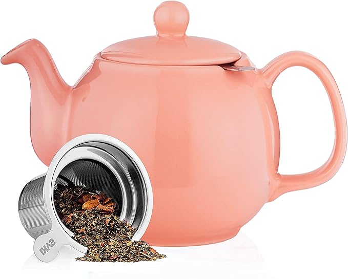 SAKI Large Porcelain Teapot, 48 Ounce Tea Pot with Infuser, Loose Leaf and Blooming Tea Pot - Pink