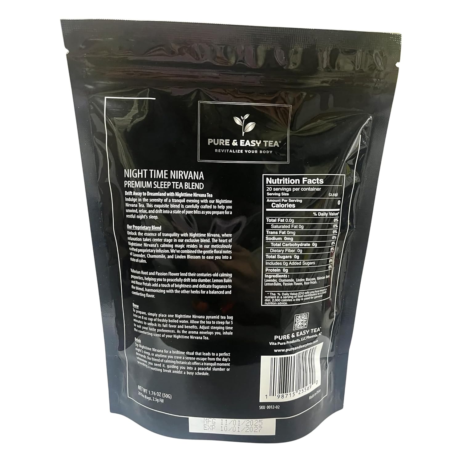 Pure And Easy Tea, Nighttime Nirvana, Natural Sleep & Relaxation Tea, Caffeine-Free Loose Leaf Blend with Chamomile, Lavender & Lemon Balm, Premium Wellness Tea, 20 BPA-Free Sachets