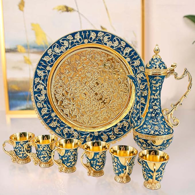 Turkish Coffee Cup and Tea Pot Set Including Teapot,Tea Tray,6 Metal Cups,Tea Service Set for Tea Table Decor,Hip Flask (Blue and Gold)