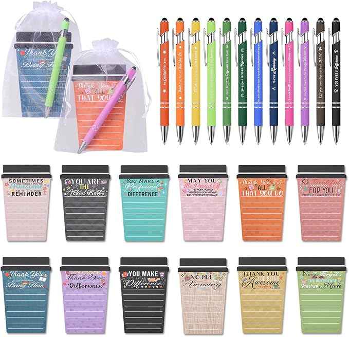 12 Set Employee Appreciation Gifts Bulk Team - 12Pack Coffee Cup Notepad+12 Ballpoint Pens+ 24 Drawstring Gift Bags, Bulk Gifts for Coworkers/Staffs/Teachers/Christmas