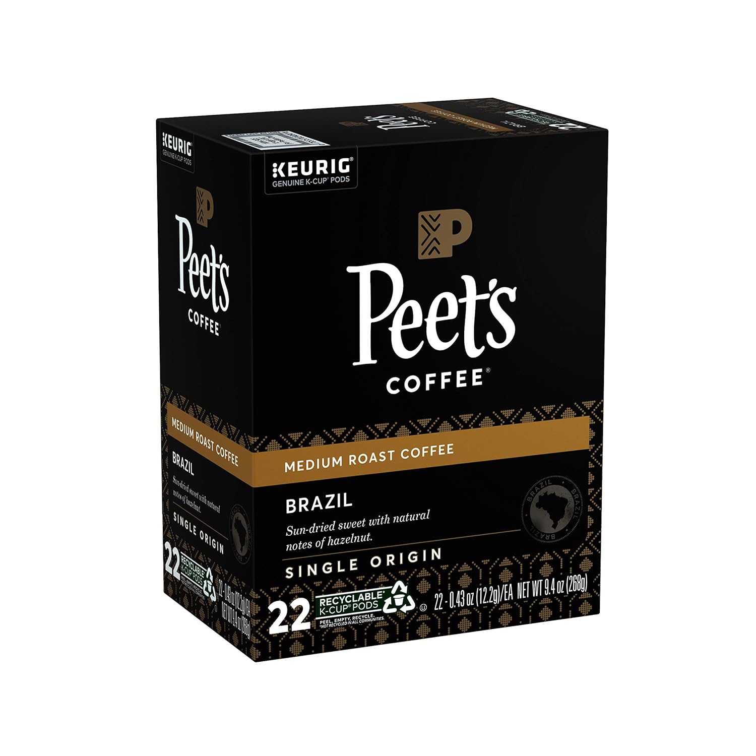 Peet's Coffee Single Origin Brazil, Medium Roast, 22 Count Single Serve K-Cup Coffee Pods for Keurig Coffee Maker