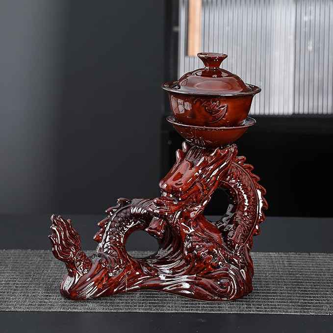 fanquare Lazy Kungfu Ceramic Tea Set for 6, Chinese Dragon Shape 9 Piece Tea Set Gift Box, Tea Cup, Infuser, Fair Cup Unique Tea Set for Office Business Gift, Red