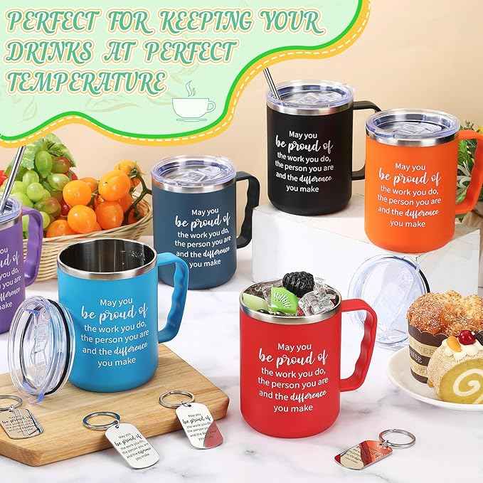 12 Sets Employee Appreciation Coffee Mug Gift 17oz Insulated Stainless Steel Tumbler with Handle and Keychains Thank You Gift for Coworkers Teacher