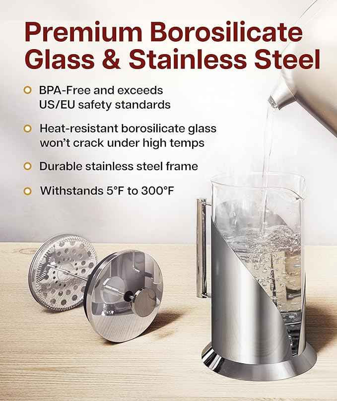 Cafe Du Chateau Stainless Steel French Press Coffee Maker 34 oz – Insulated Coffee Press with 4-Level Filtration, Manual Brewer for Tea, Camping & Travel, BPA-Free Glass (Pack of 2)