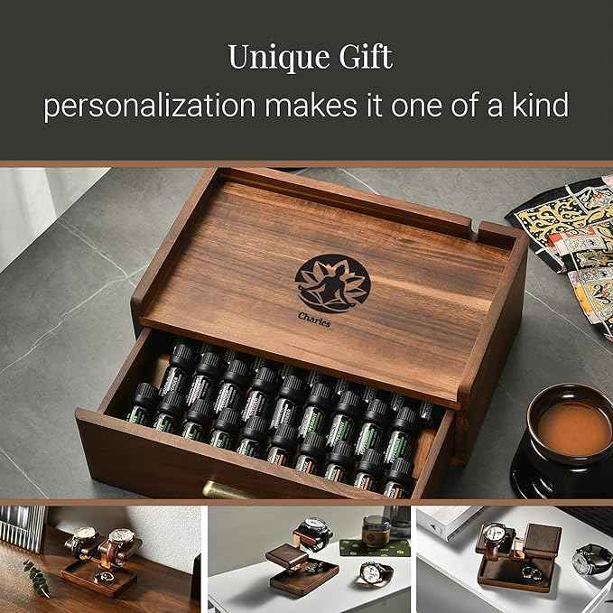 Shanik Functional Essential Oil Storage Drawer Box, Personalized with Custom Print, Natural Living and Wellness Oil Diffuser Organizer