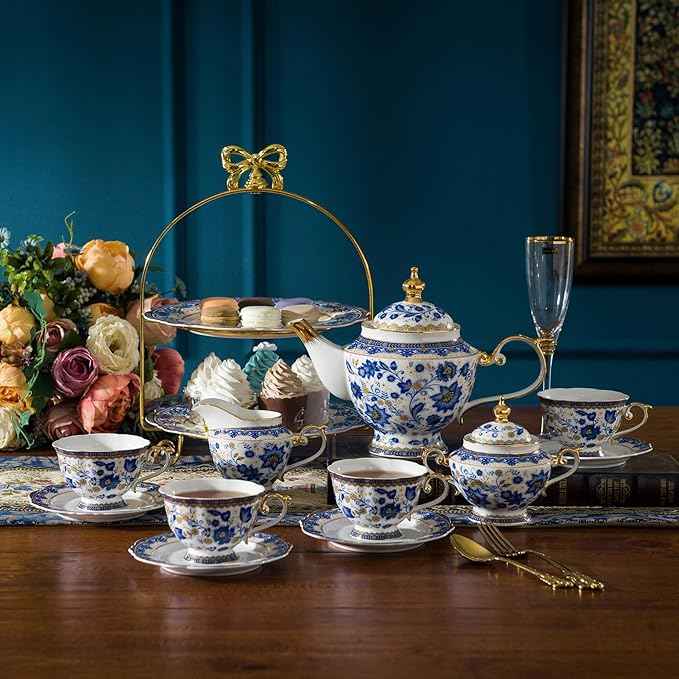 ACMLIFE Bone China Tea Set for 6, Blue and White Tea Set for Adults 24K Gold, Vintage Floral British English Cups and Saucers for Women Party or Gift Giving (Blue)