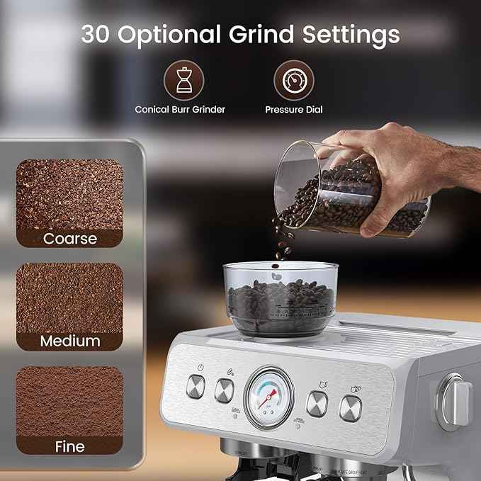(2026 Upgrade) Espresso Machine with Grinder, Expresso Coffee Machines with Built-in Anti-Clog Coffee Grinder/Milk Steam Wand/Frother, Expresso Machines for Home Perfect Cappuccino & Latte-Silver