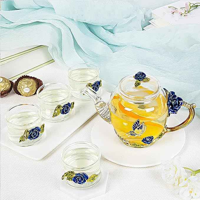 xixi-home Blue Rose Glass Tea Set，teapot heat-resistant glass tea cup 7-piece set thickened transparent craft coffee cup set fashion ladies tea set，Mother's Day gift-exquisite gift box