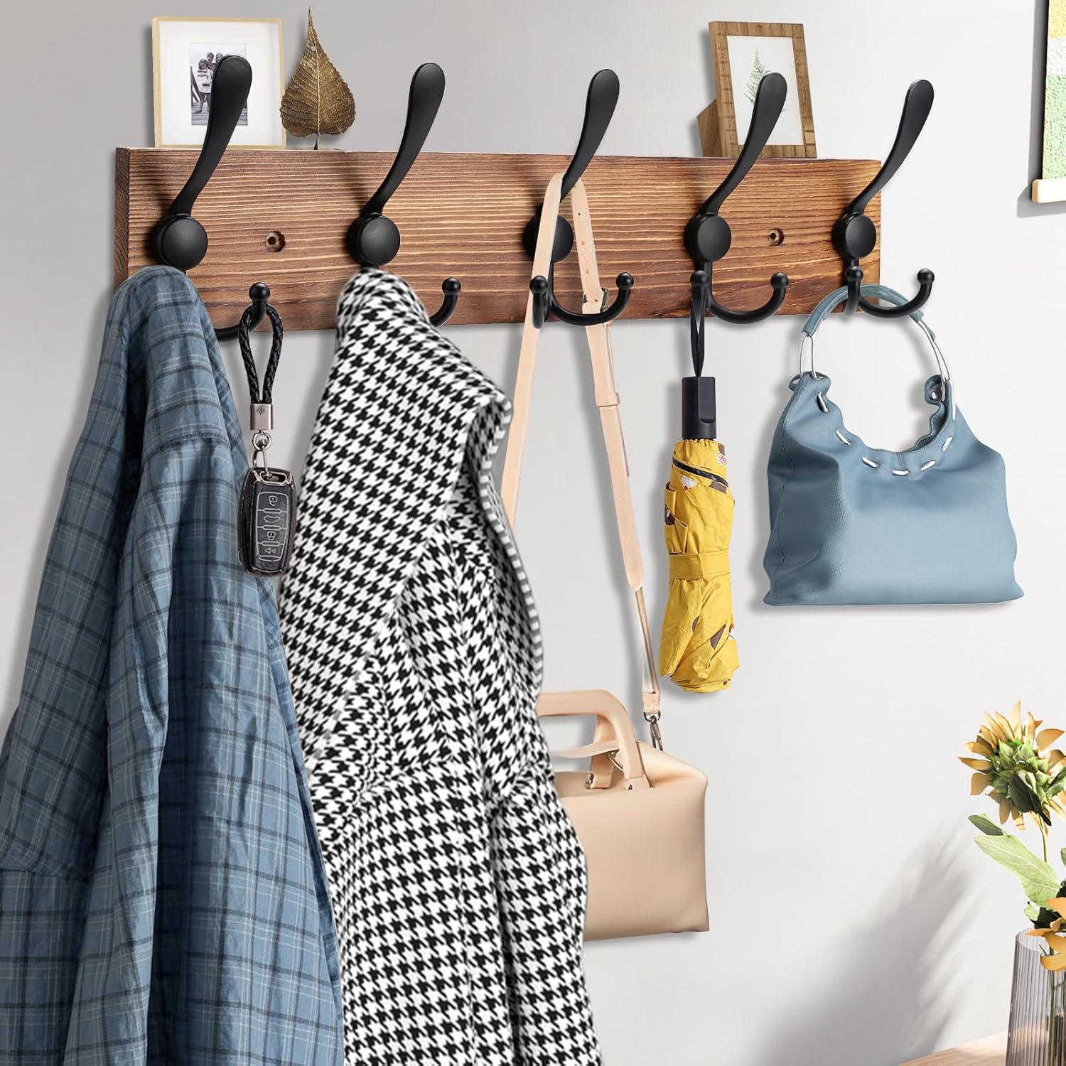 2pcs Coat Rack Wall Mount Wooden Hat Rack for Wall Hooks Pine Real Wood Plank 16.9" Brown Coat Hanger with 5 Triple Hooks for Hanging Coat Hat Jacket
