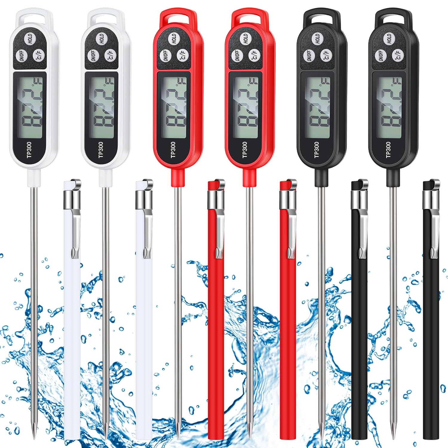 6 Pcs Meat Food Thermometer Food with Probe Water Liquid Instant Read Digital Thermometer Kitchen Cooking Supplies for Cooking BBQ Milk Yogurt (Black,White,Red)