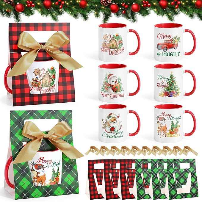 LemonRoad 6 Sets Christmas Coffee Mugs with Mug Boxes 12 oz Ceramic Merry Christmas Coffee Cups Xmas Cups with Gift Boxes Ribbon for Xmas Winter Holiday Housewarming Party Gift