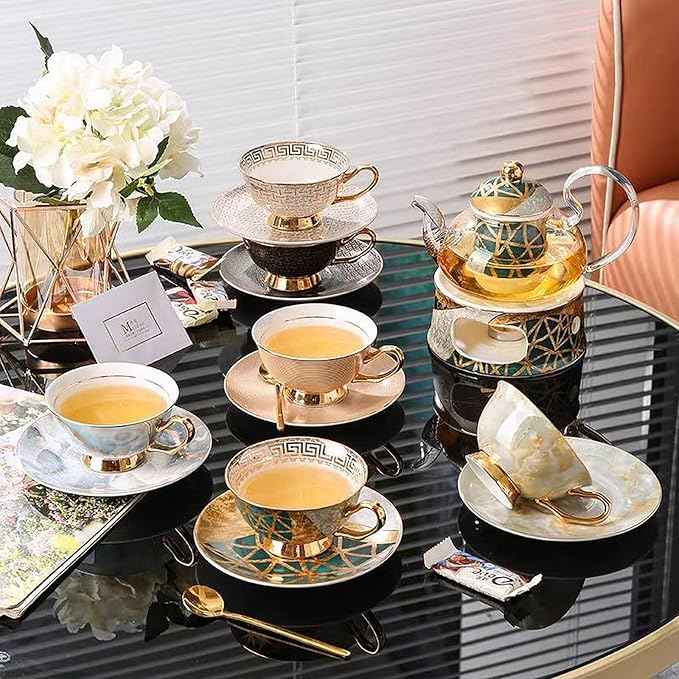 China Bone Porcelain Coffee Tea Set, English Light Luxury Afternoon Tea Set with Tea Stove Suitable as A Gift for Mother'S Day, Birthday, Christmas, and Gatherings (6-Colorful Cup)