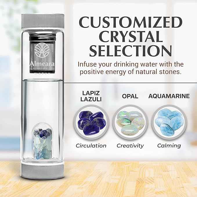 Almeara Crystal Water Bottle with Authentic Lapis Lazuli, Opal Stones & Aquamarine Removable Gemstones, Loose Leaf Tea Infuser - Relaxation, Healing & Spiritual Gifts for Women - Witchcraft Supplies