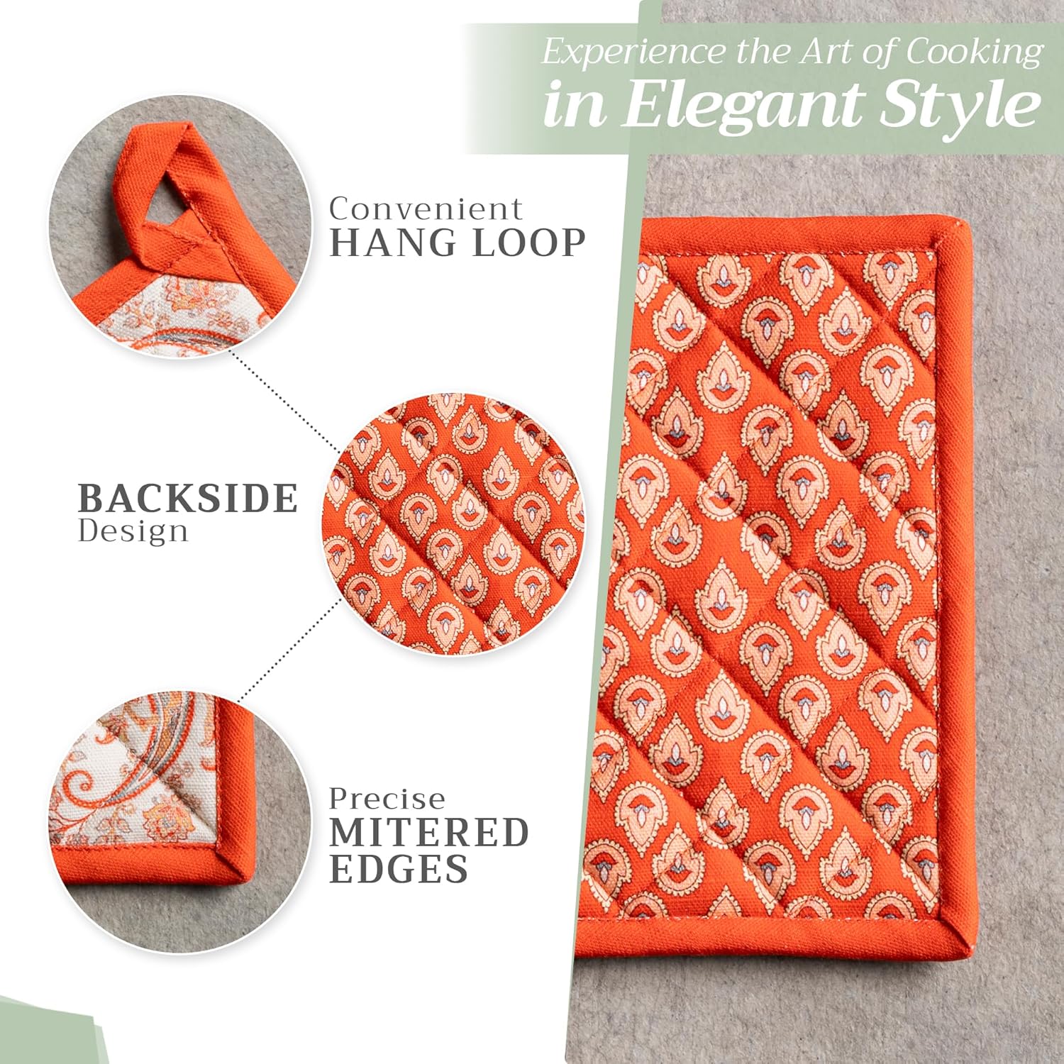 Maison d' Hermine 100% Cotton Oven Mitt & Pot Holder Set (7.5"x13" & 8"x8") Heat Resistant BBQ Cooking Gloves with Loop, Baking, Grilling, Kitchen, Handling Hot Pans (Cachemire)