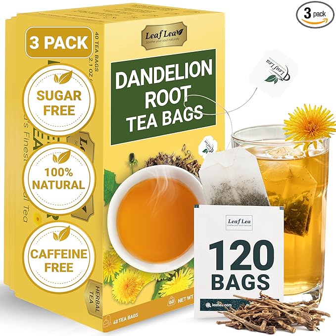 LeafLea 120 Dandelion Root Tea Bags, Dandelion Tea Promotes Healthy Digestion & Immune Function, Natural and Pure from Dandelion Root Herbal Tea, Caffeine-Free, Sugar-Free, Vegan, Pack of 3