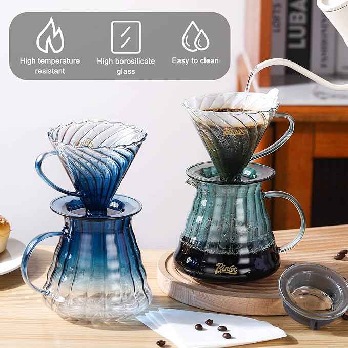 Bincoo Pour Over Coffee Maker Set with Dripper Size 02,600ml Glass Coffee Server Set,60 Angle Tapered Glass Coffee Dripper with Stand&Filter Paper for Home Office Gift (Blue)