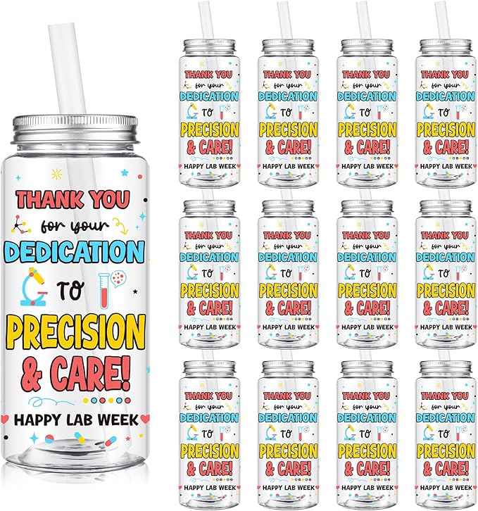 Vesici 12 Pcs Lab Week Appreciation Gift 14.2oz Thank You Tumbler with Lid and Straw Plastic Reusable Tumbler Bulk Inspirational Gifts Cold Drinking Cup for Science Birthday Laboratory Coworker Stuff