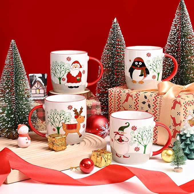 YHRJWN Christmas Mugs Set of 4, Merry Christmas Coffee Mugs with Reindeer, Santa, Snowman, Penguin Designs, Holiday Gifts for Family & Friends, 11 Oz