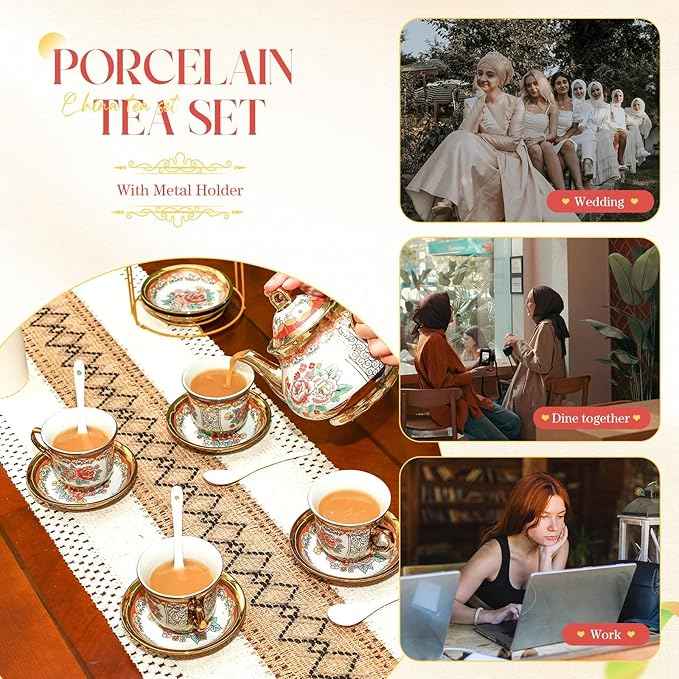 20 Pcs Porcelain Tea Set for Adults with Metal Holder and Spoon European Ceramic Tea Party Set Flower Painting Teapot Cup Saucer for Christmas Women Gifts, Serving 6 People(Classic)