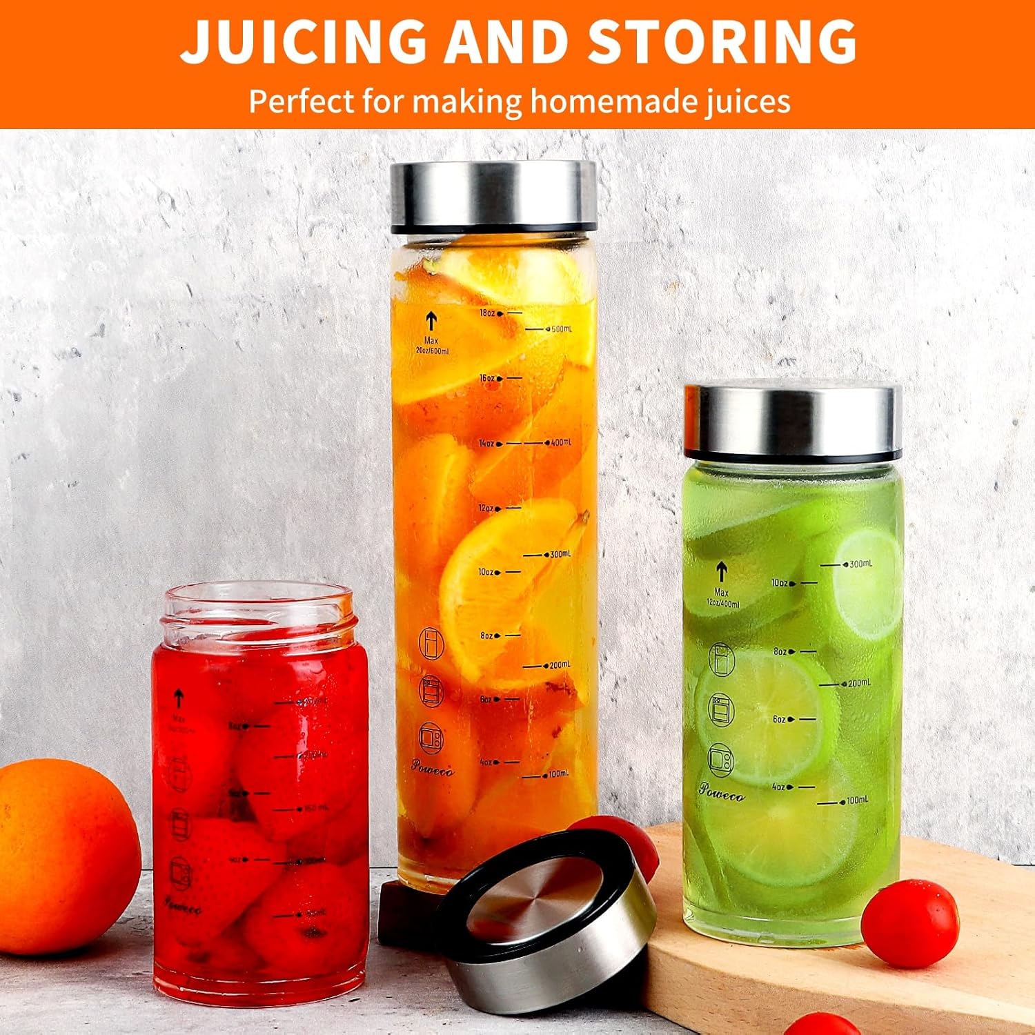 Glass Juice Bottles 6 Pack 12 oz - Wide Mouth Glass Water Bottles with Lids - for Juicing, Protein, Smoothie, Milk, Reusable, BPA Free, Stainless Steel Lids, Blender, Shaker Bottle [12oz/400ml]