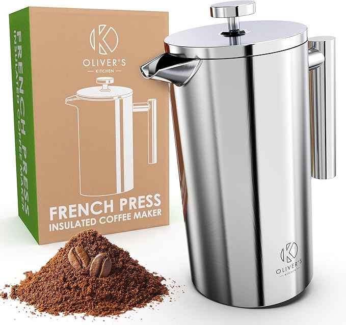 Oliver's Kitchen ® Premium French Press Cafetiere Coffee Maker - Thermal Insulated Double Wall - Stainless Steel 1 Liter