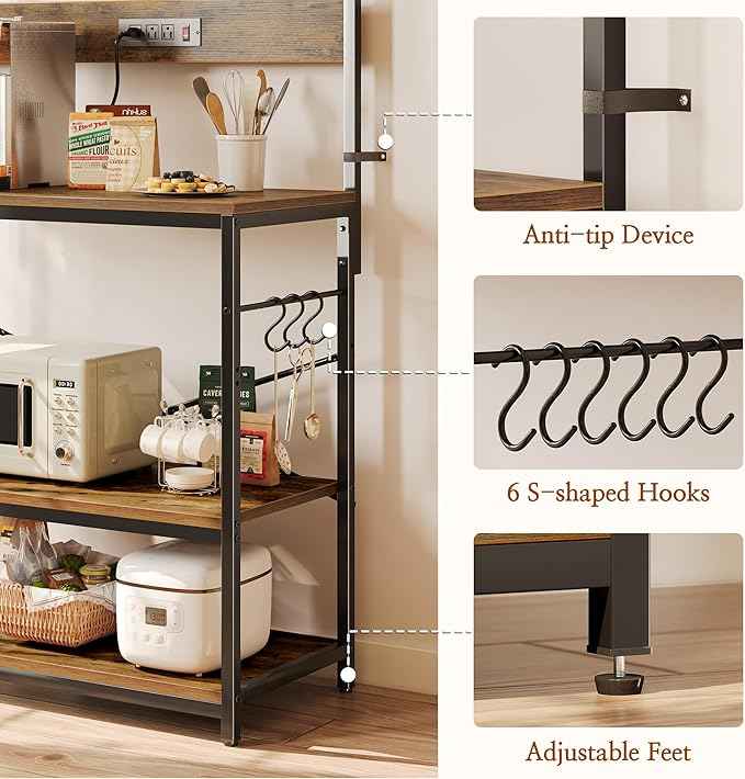 SUPERJARE Bakers Rack with Power Outlets, Microwave Stand, 39.4 X 14.3 Inch Larger Desktop, Kitchen Storage Rack with Adjustable Middle Shelf, 6 S-Shaped Hooks, Coffee Bar Stand, Rustic Brown