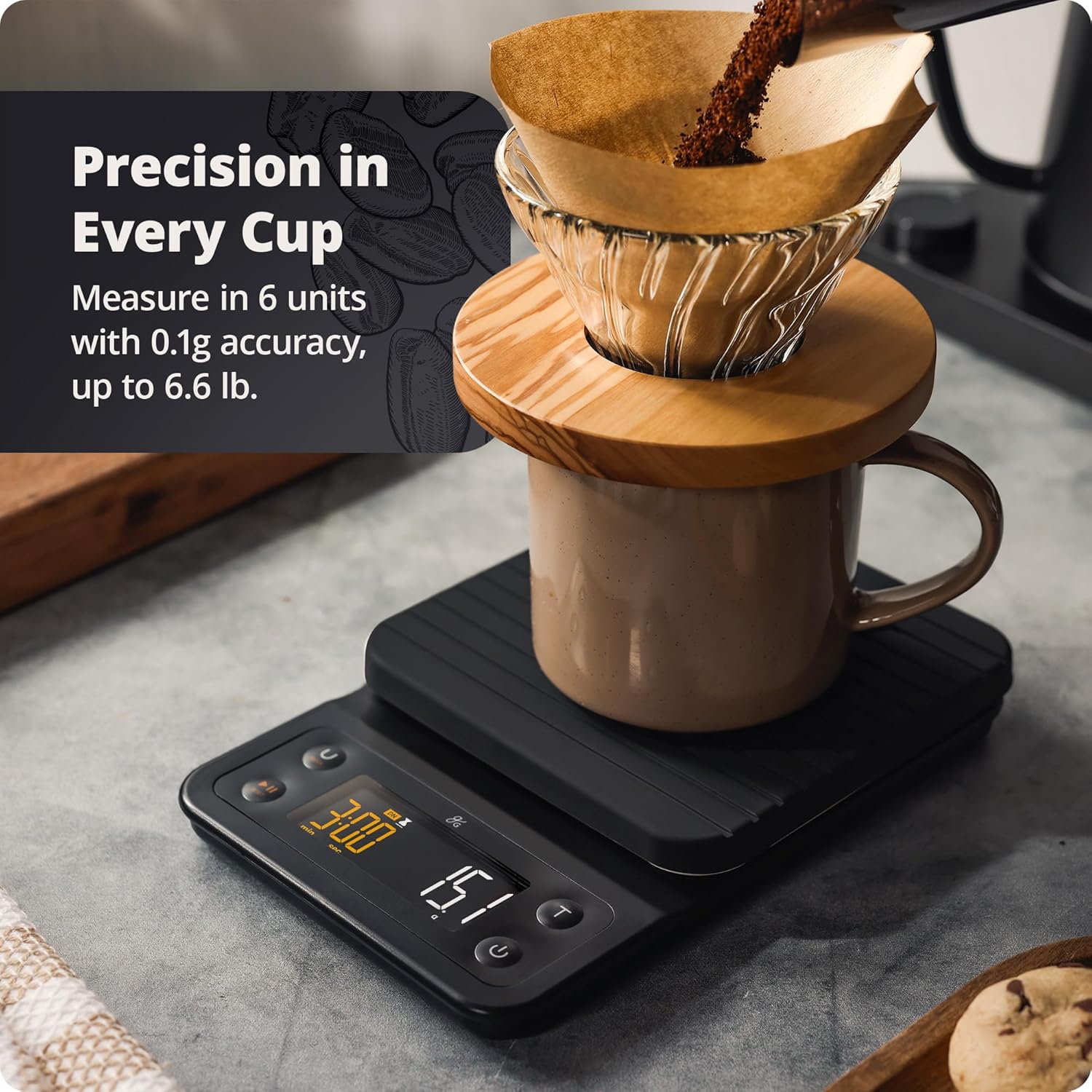 Greater Goods 0.1g Precision Coffee Scale with Timer – 3kg Digital Scale for Pour-Over, Espresso, French Press, Kitchen Use (Onyx Black) - Blissbrew