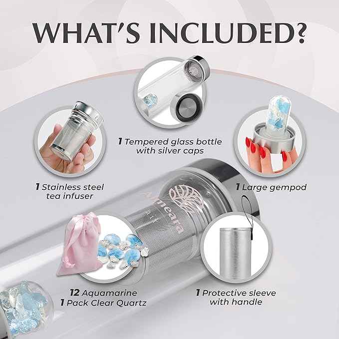 Almeara Crystal Water Bottle with Authentic Aquamarine Stones and Clear Quartz Removable Gemstones, Loose Leaf Tea Infuser - Relaxation, Healing & Spiritual Gifts for Women - Witchcraft Supplies