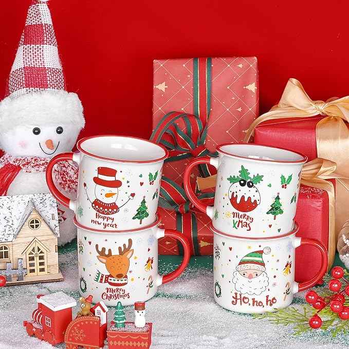 YHRJWN Christmas Mugs Set of 4, Festive Design Coffee Mugs with Santa Snowman Reindeer, Holiday Mugs for Hot Cocoa, Gifts for Family Friends, Holiday Decor, 13 Oz