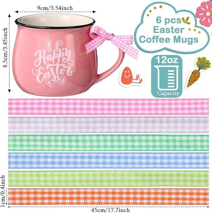 Sawysine Easter Mugs Set of 6, 12 oz Gift Drinking Mugs for Hot Cocoa Coffee Milk Tea Party Cups for Kids Spring Holiday Gift (Easter Style)