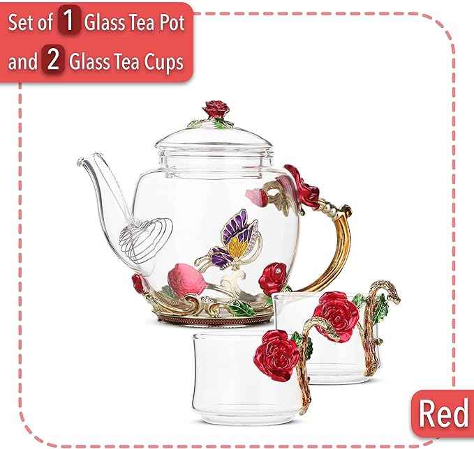 BTaT- Floral Glass Tea Set for Adults, Service for 2, Fancy Glass Pot (8 oz) & Cups (2 oz), Red Butterfly & Flower Design with Gift Box, Tea Pot Sets for Women Gift
