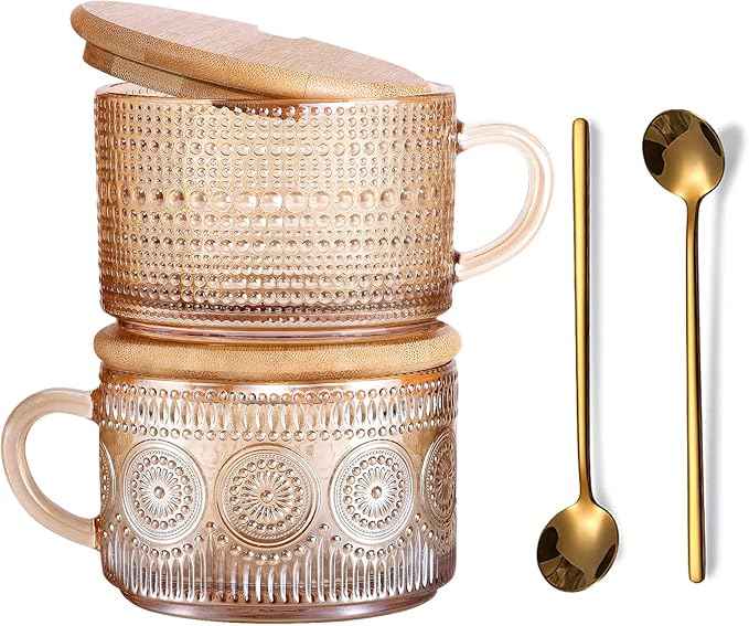 Vintage Glass Coffee Mugs Set of 2 Amber, Embossed Tea Cups with Bamboo Lids and Spoons, 14 Oz Glass Breakfast Cups for Cappccino, Latte, Yogurt, Dessert, Breakfast, Mothers Day Gifts