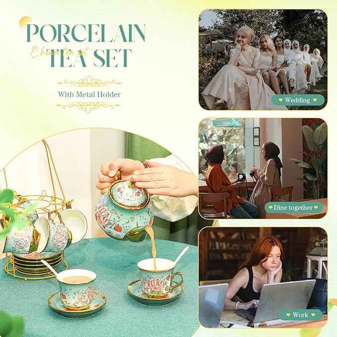 20 Pcs Porcelain Tea Set for Adults with Metal Holder and Spoon European Ceramic Tea Party Set Flower Painting Teapot Cup Saucer for Christmas Women Gifts, Serving 6 People(Modern)