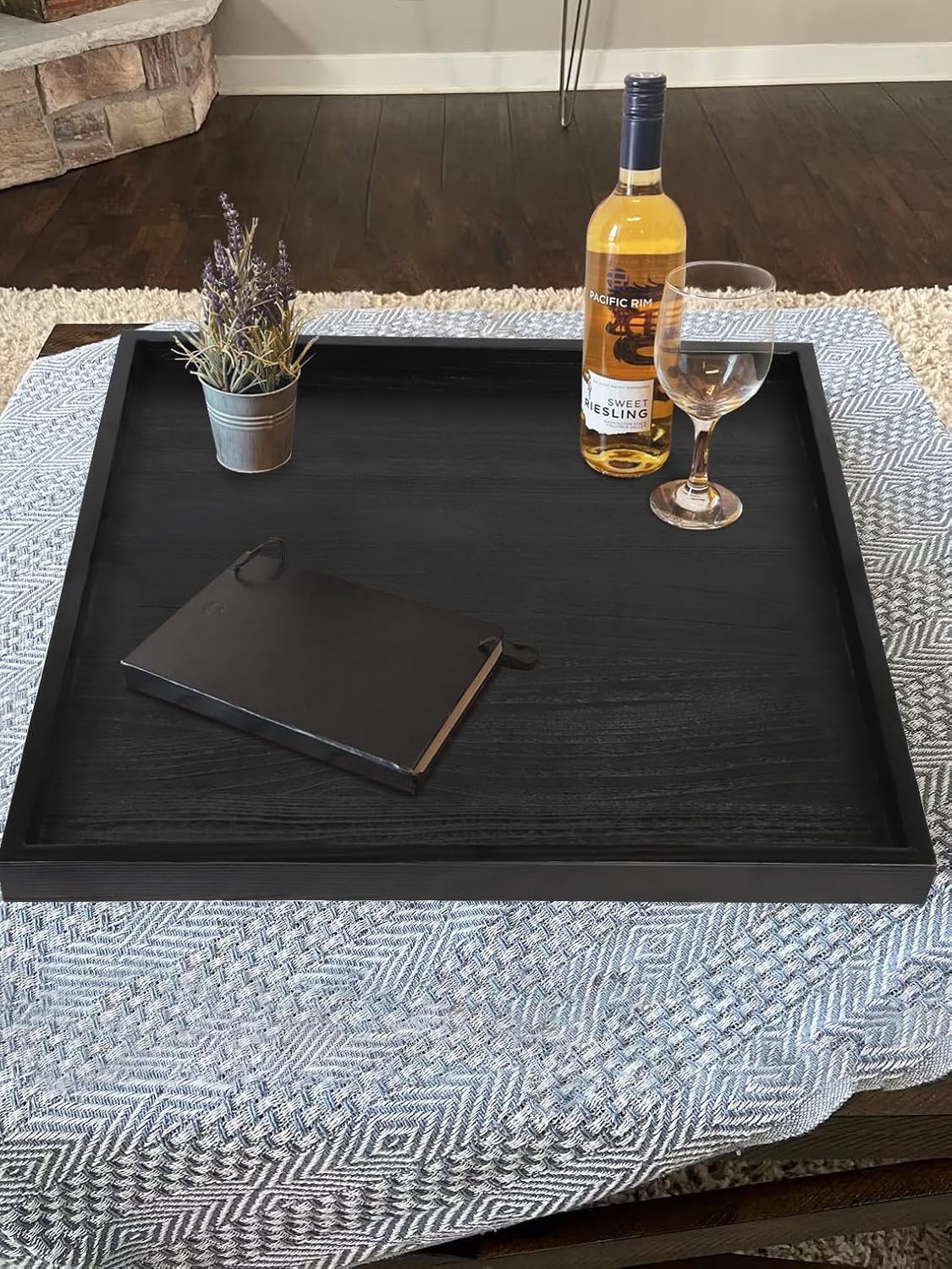 Square Ottoman Table Tray 24" - Rustic Wooden Serving Tray for Farmhouse Decorative Oversized Coffee Table Trays Living Room Kitchen Counter Breakfast Black