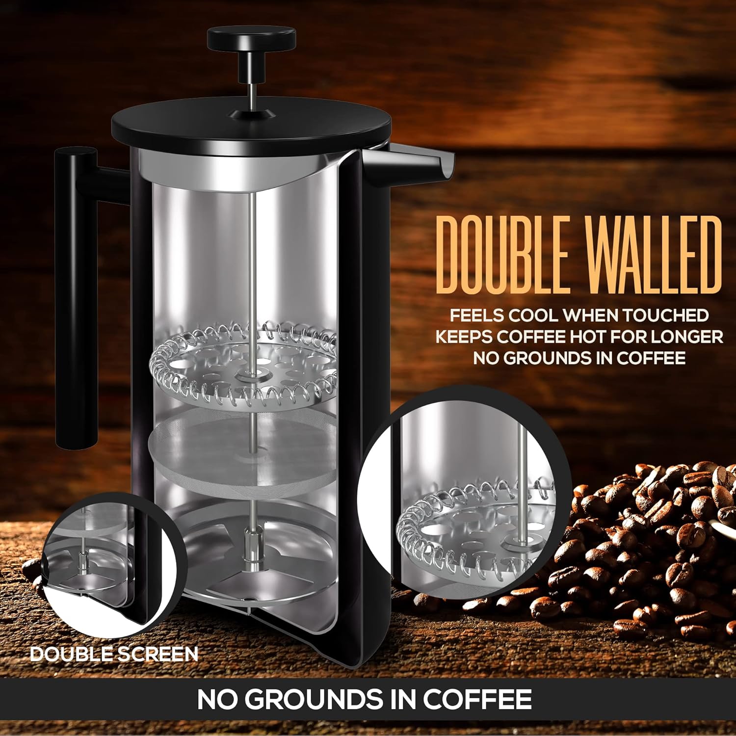 Utopia Kitchen French Press Coffee Maker, Double Wall Insulated Stainless Steel Coffee Press with 4-Level Filtration system, Includes 2 Extra Filters, Rust-Free, Dishwasher Safe (Black, 17 Ounce) - Blissbrew