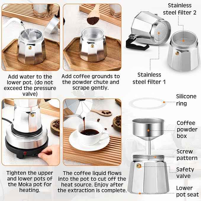 Pickmesh 4 Pcs Coffee Pot 6 Cup Electric Espresso Coffee Maker Set, 300ml Portable Cafetera Espresso, Espresso Coffee Machines, Electric Moka Pot with Detachable Base, Coffee Gift for Home Travel
