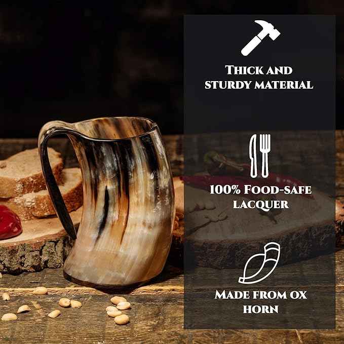 Viking Drinking Horn Mug, 15-20 Oz Natural Ox Horn Cup & Cofee Stein | Cool Unique Gift for Men and Women, Home Decor Accessories | Shot Glasses for Beer, Ale, Whiskey, Mead