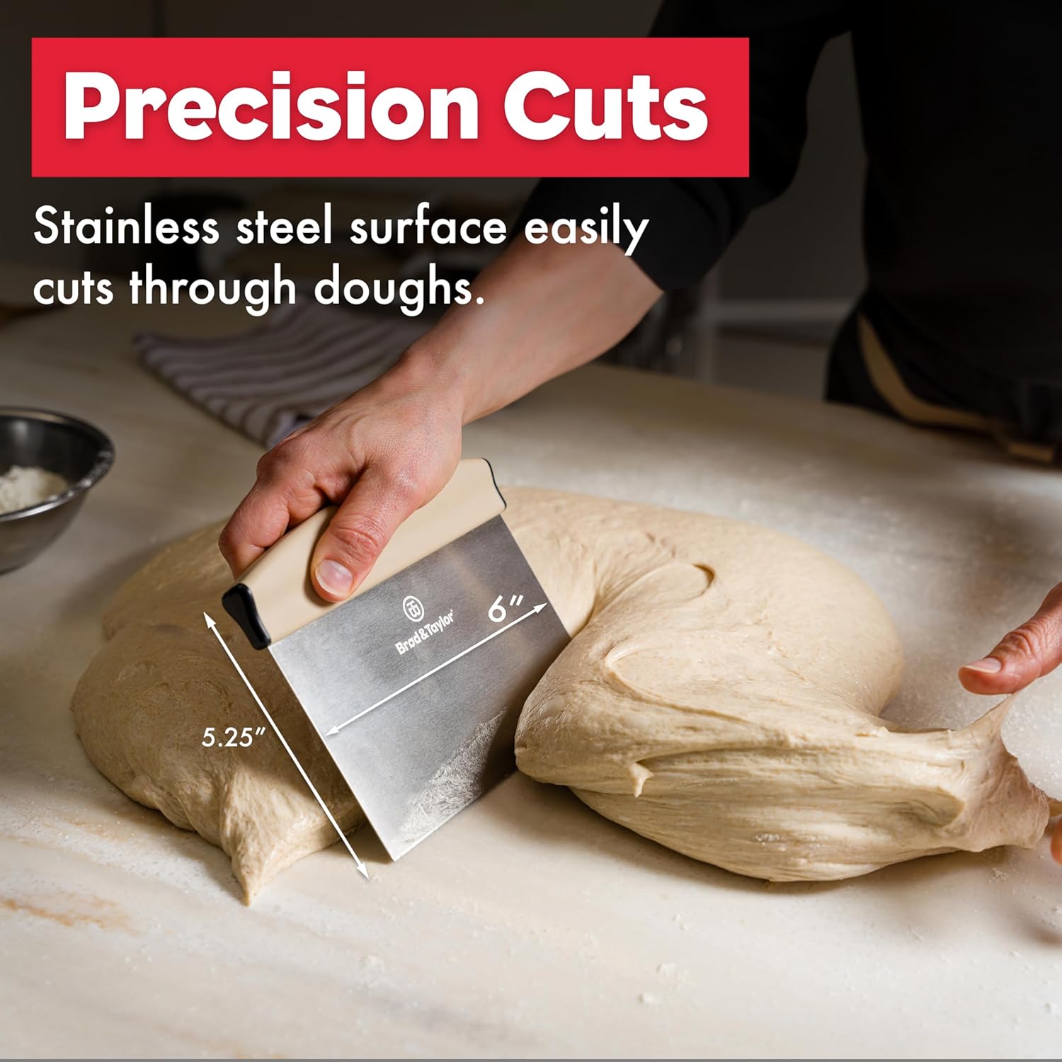 Brod & Taylor Bench Knife with 1" Markings and Non-Slip Rubber Handle, Dough Cutter for Home-Kitchen Baking (6" x 5.25" Surface), 100% Dishwasher Safe