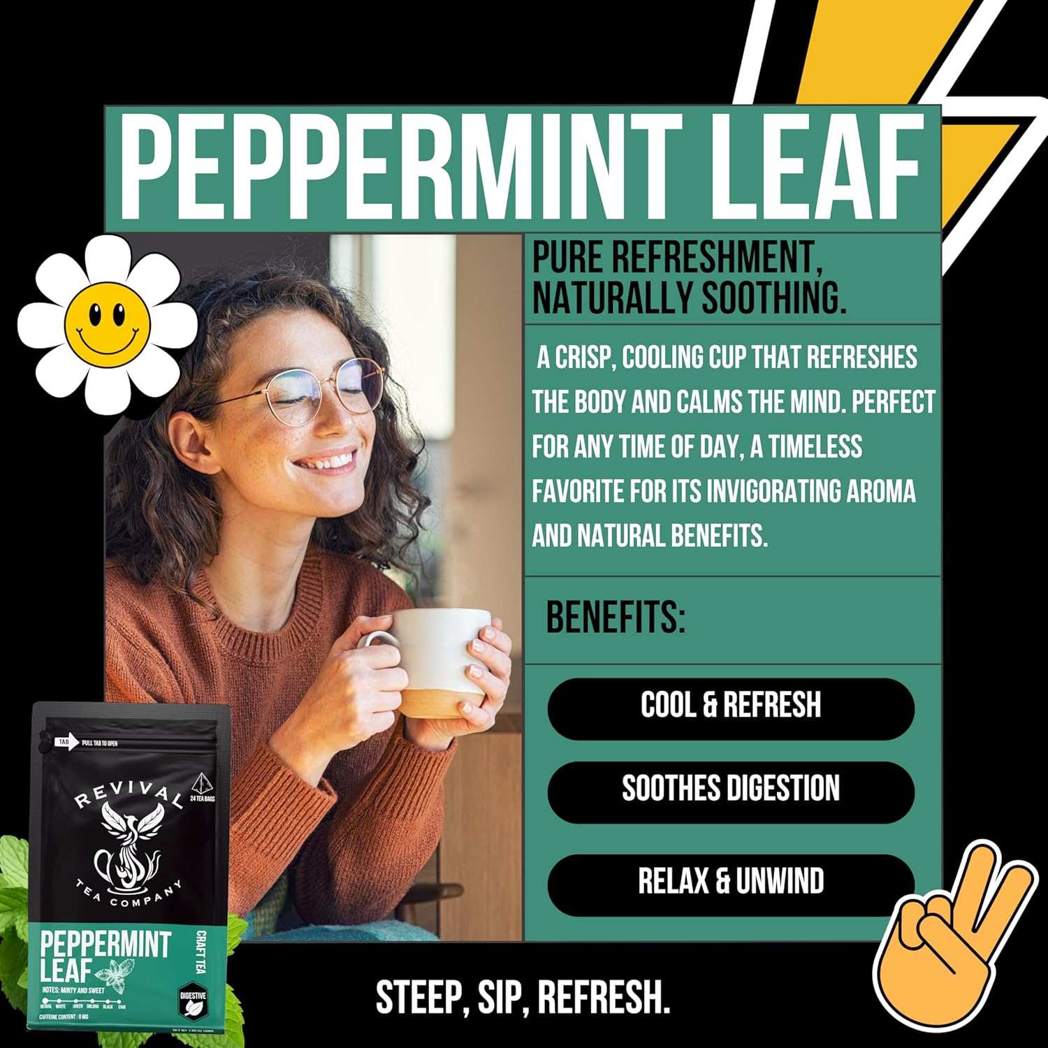 Revival Tea Company Peppermint Tea - Herbal Tea made from 100% Peppermint Leaf - Caffeine Free - 24 Tea Bags