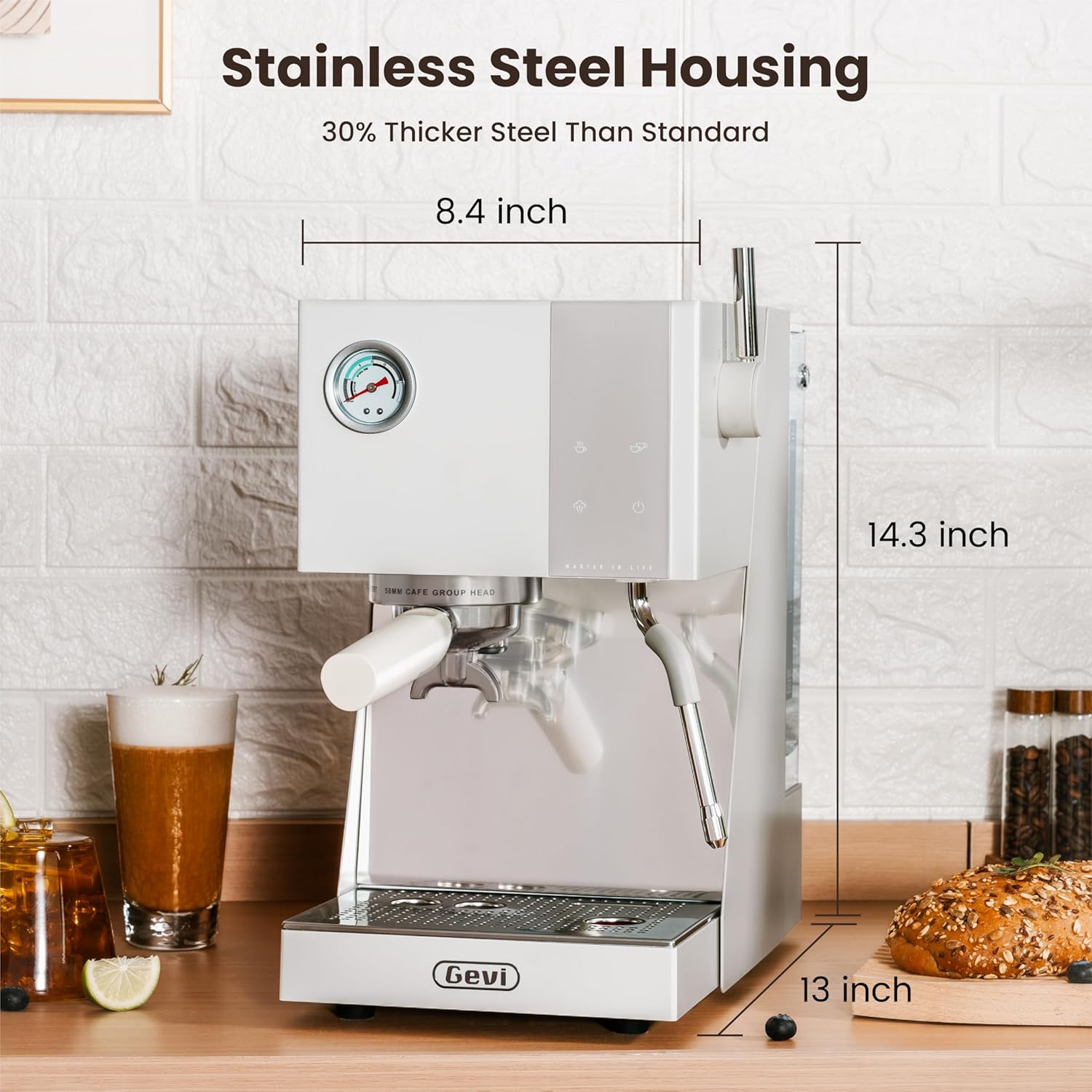 Gevi Espresso Machine with OPV, 20Bar Espresso Maker with Milk Frother Steam Wand, Dual Display, 58mm Portafilter, Stainless Steel Espresso Machines for Espresso/Latte/Cappuccino, White - Blissbrew