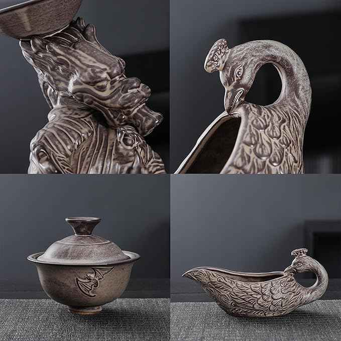 fanquare Semi Auto Kungfu Tea Set, Handmade Chinese Dragon Ceramic Tea Set Gift Box, 9 Piece Lazy Gongfu Tea Set for 6, Rotating Gaiwan, Infuser,Fair Cup, Grey