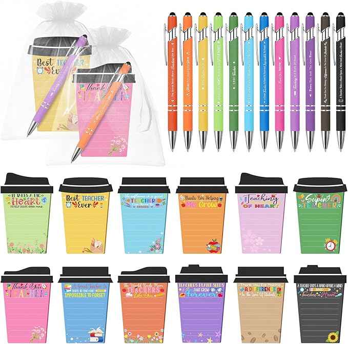 Mkway 12 Set Teacher Appreciation Gifts Bulk Team - 12 Coffee Cup Notepad+ 12 Ballpoint Pens+ 12 Drawstring Gift Bags, Bulk Gifts for School Office Christmas Teacher's Day Coworker Nurse Employee