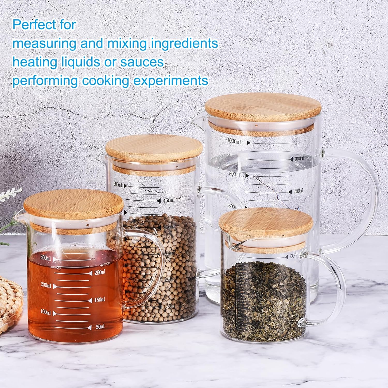 PATIKIL 1000ml Glass Measuring Cup, 3.3 Borosilicate Glass Graduated Black Printed Scale Liquid Measure Cups Beaker with Wood Lid and V-Shaped Spout for Kitchen