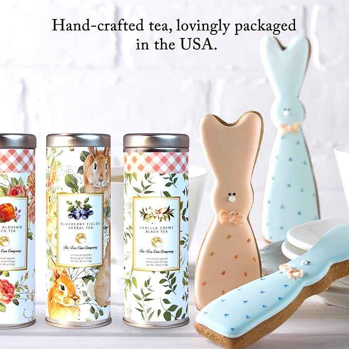 Easter Gift Basket by La Tea Dah, Festive Tea Gift Box with Three Skinny Tins of Assorted Teas, Peach Green, Vanilla Chai, & Herbal Blueberry, Adult Easter Gifts (18 Sachets)
